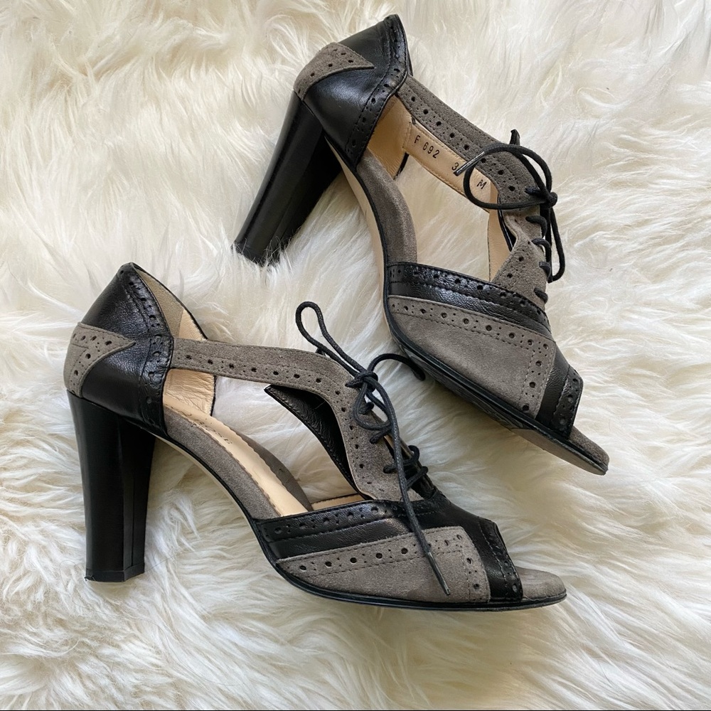 Taryn Rose Vintage Style Leather and Suede Oxford Heels Black and Taupe/Grey 37
